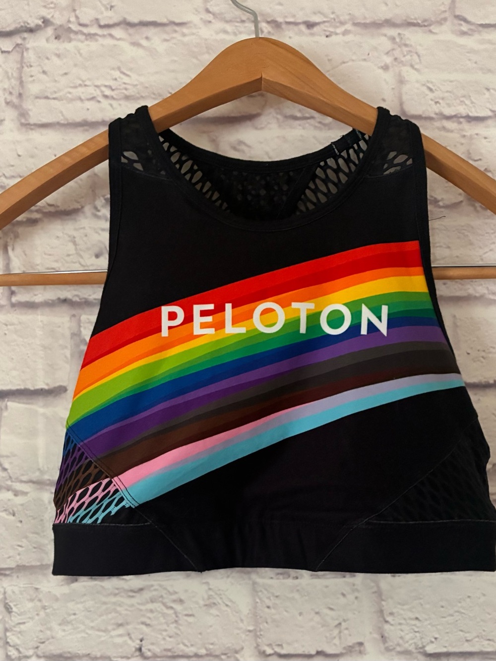 Peloton Black Crop Top with Diagonal Rainbow Pride Stripes - Medium